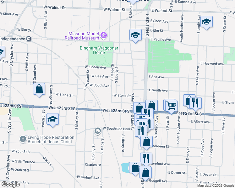 map of restaurants, bars, coffee shops, grocery stores, and more near 1017 South Liberty Street in Independence