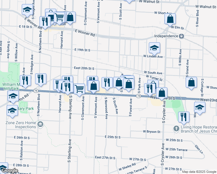 map of restaurants, bars, coffee shops, grocery stores, and more near 2128 South Scott Avenue in Independence