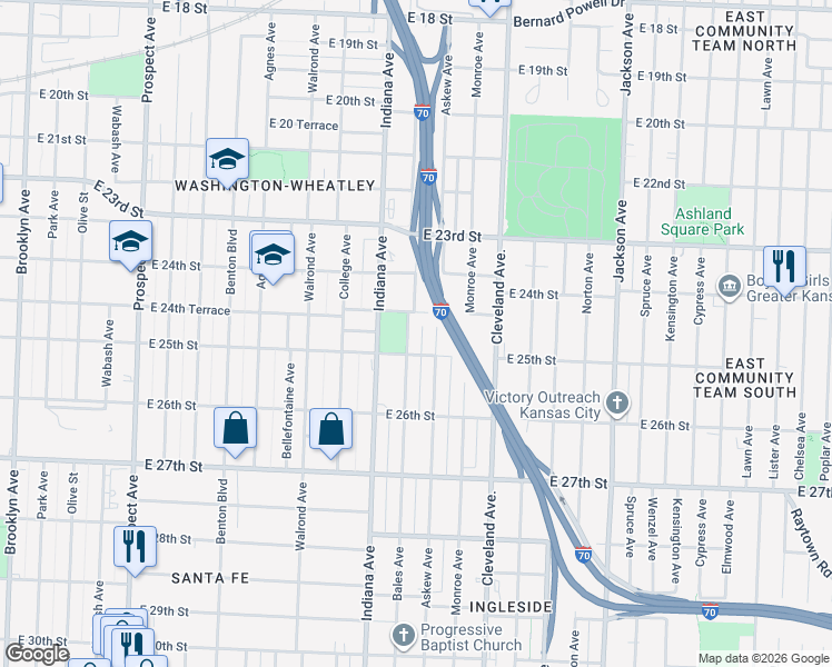 map of restaurants, bars, coffee shops, grocery stores, and more near 2451 Bales Avenue in Kansas City