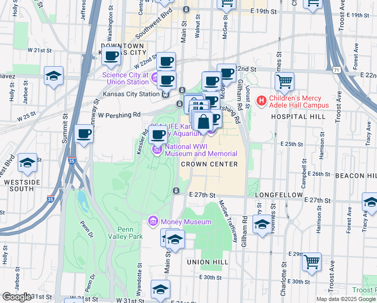 map of restaurants, bars, coffee shops, grocery stores, and more near 2525 Main Street in Kansas City