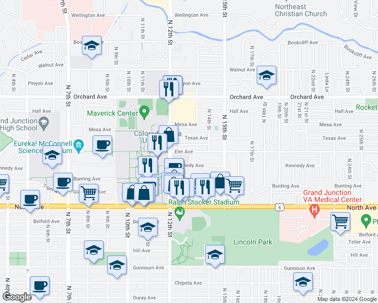 map of restaurants, bars, coffee shops, grocery stores, and more near 1244 Elm Avenue in Grand Junction
