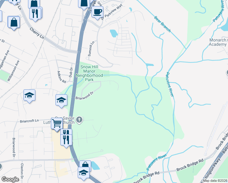 map of restaurants, bars, coffee shops, grocery stores, and more near 9225 Briarchip Street in Laurel