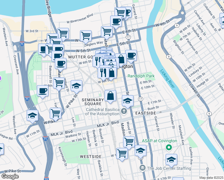 map of restaurants, bars, coffee shops, grocery stores, and more near 7 West 9th Street in Covington