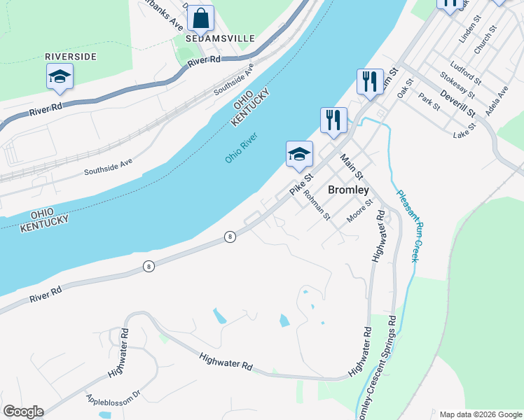 map of restaurants, bars, coffee shops, grocery stores, and more near 404 River Road in Bromley