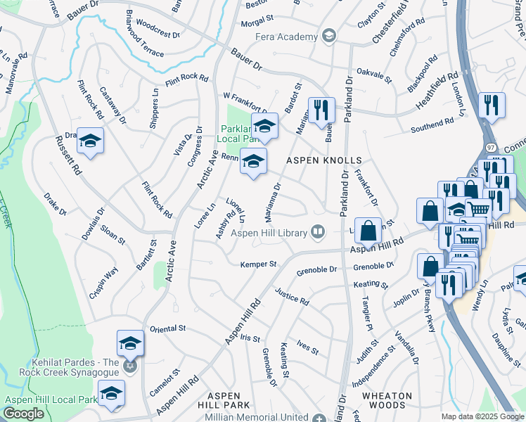 map of restaurants, bars, coffee shops, grocery stores, and more near 13714 Marianna Drive in Rockville