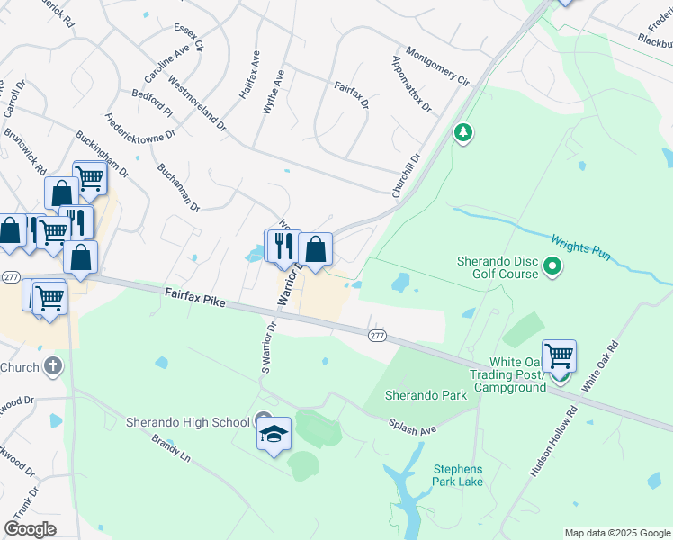 map of restaurants, bars, coffee shops, grocery stores, and more near 115 Peridot Place in Stephens City