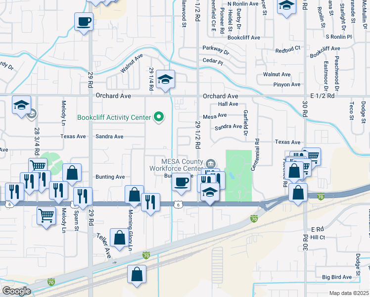 map of restaurants, bars, coffee shops, grocery stores, and more near 2943 South Palace Circle in Grand Junction