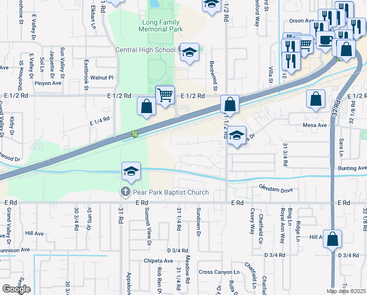 map of restaurants, bars, coffee shops, grocery stores, and more near 3121 Perkins Drive in Grand Junction