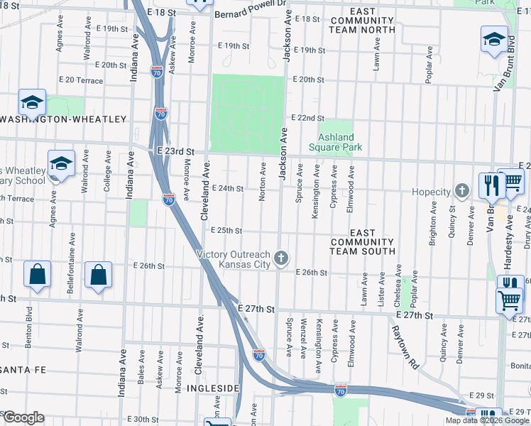 map of restaurants, bars, coffee shops, grocery stores, and more near 2431 Norton Avenue in Kansas City