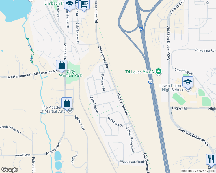 map of restaurants, bars, coffee shops, grocery stores, and more near 17090 Mountain Lake Drive in Monument