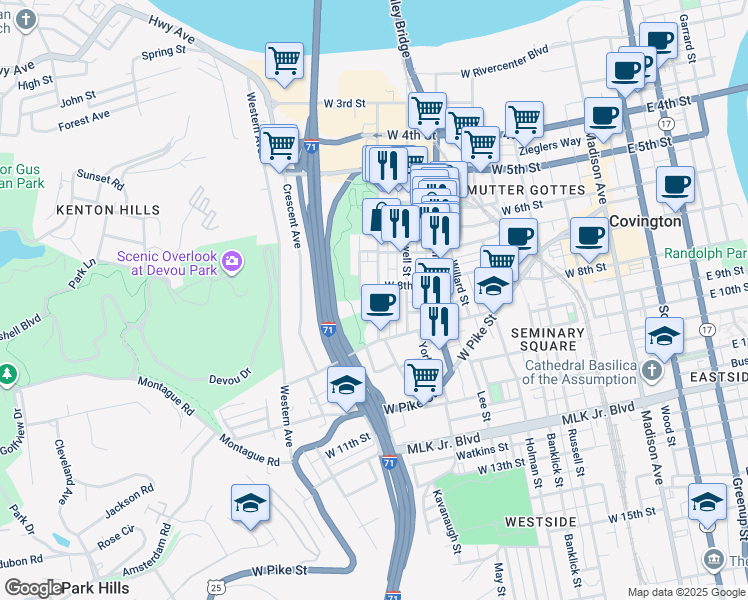 map of restaurants, bars, coffee shops, grocery stores, and more near 811 Philadelphia Street in Covington