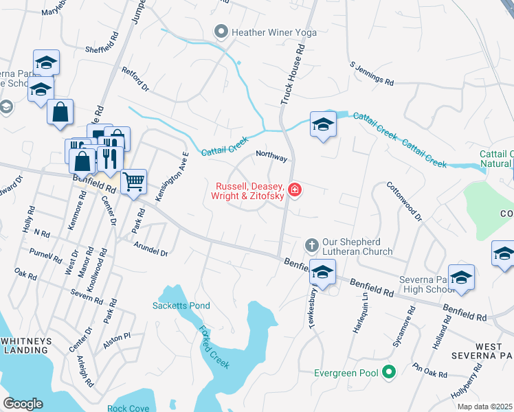 map of restaurants, bars, coffee shops, grocery stores, and more near 102 Southway in Severna Park
