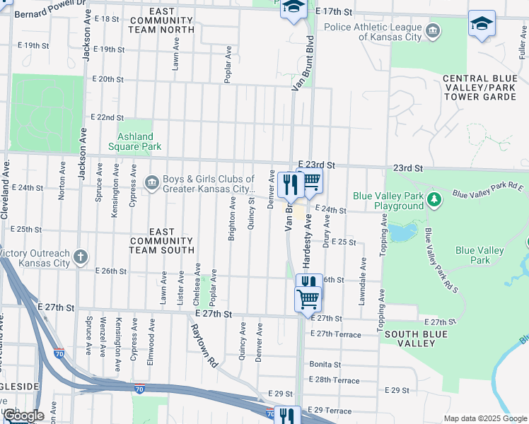 map of restaurants, bars, coffee shops, grocery stores, and more near 2414 Denver Avenue in Kansas City