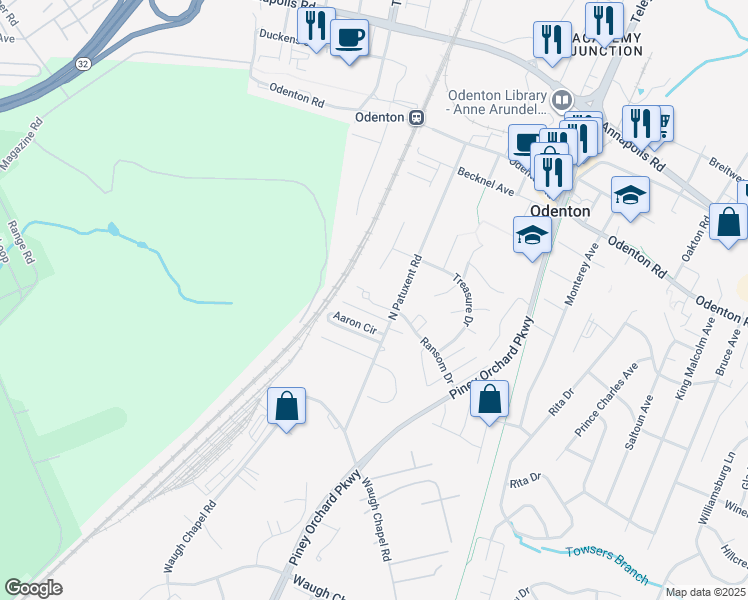map of restaurants, bars, coffee shops, grocery stores, and more near 1310 Tree Side Court in Odenton