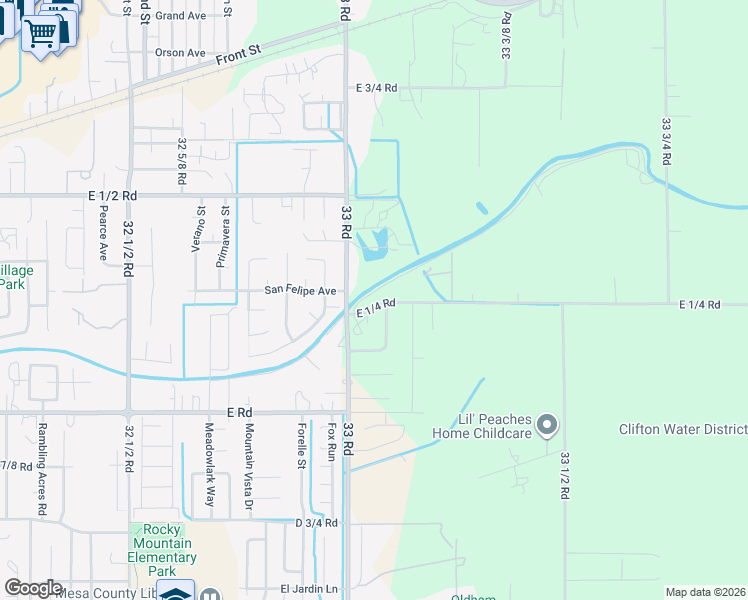 map of restaurants, bars, coffee shops, grocery stores, and more near 3308 East 1/4 Road in Clifton