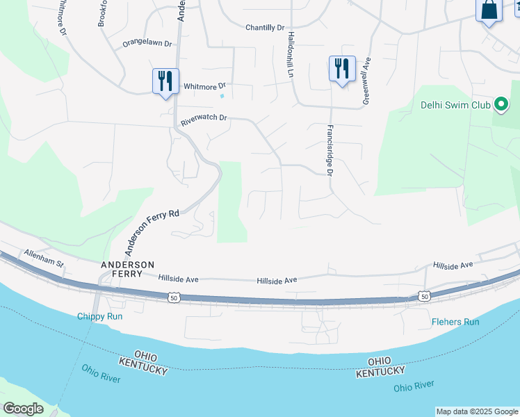 map of restaurants, bars, coffee shops, grocery stores, and more near 129 Clarebluff Court in Cincinnati