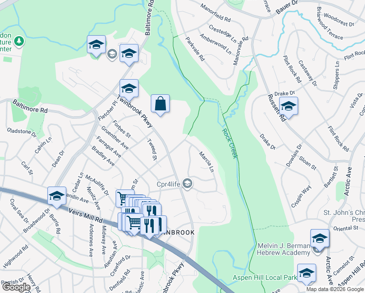 map of restaurants, bars, coffee shops, grocery stores, and more near 611 Linthicum Street in Rockville