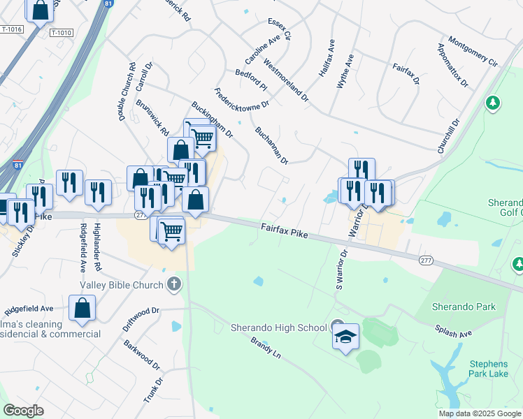 map of restaurants, bars, coffee shops, grocery stores, and more near 113 Georgetowne Court in Stephens City