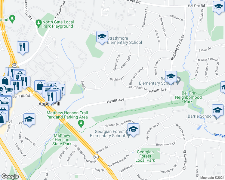 map of restaurants, bars, coffee shops, grocery stores, and more near 13700 Beauwick Court in Silver Spring