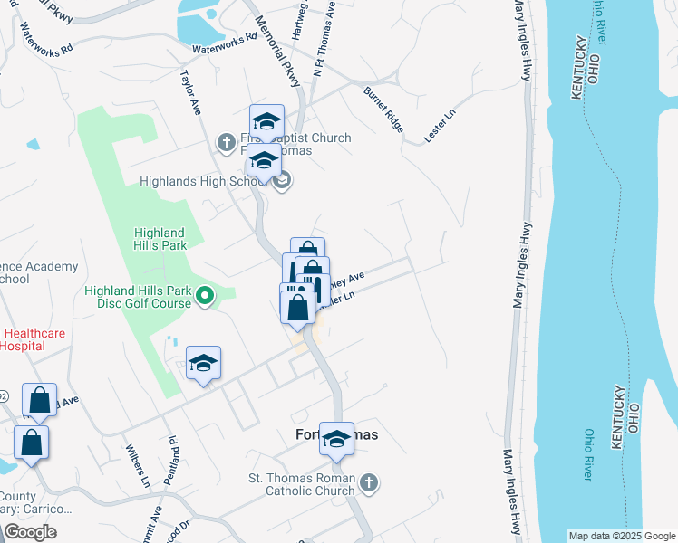 map of restaurants, bars, coffee shops, grocery stores, and more near 41 Lumley Ave in Fort Thomas