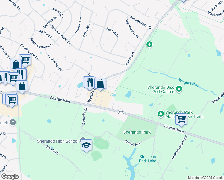 map of restaurants, bars, coffee shops, grocery stores, and more near 192 Sherando Circle in Stephens City