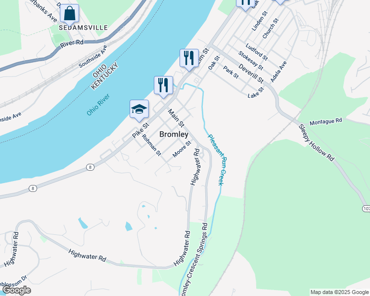 map of restaurants, bars, coffee shops, grocery stores, and more near 201 Moore Street in Bromley