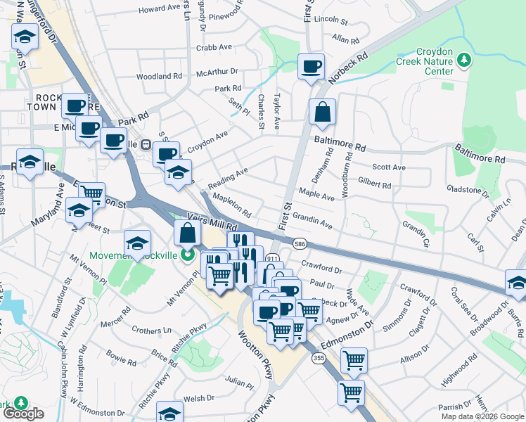 map of restaurants, bars, coffee shops, grocery stores, and more near 803 Grandin Avenue in Rockville