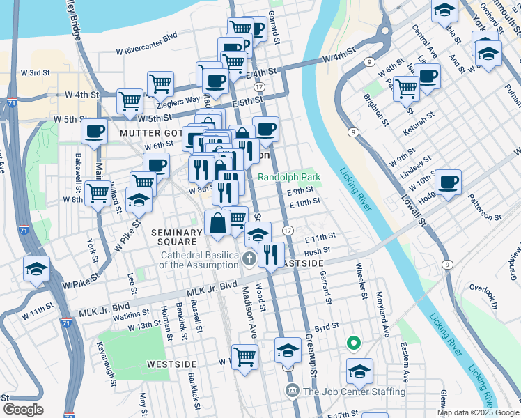 map of restaurants, bars, coffee shops, grocery stores, and more near 124 East 10th Street in Covington