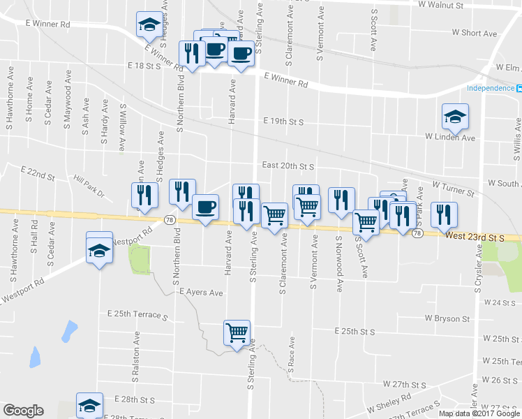 map of restaurants, bars, coffee shops, grocery stores, and more near 11205 East 22 Street South in Independence