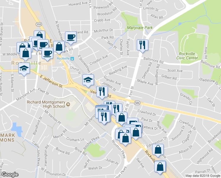 map of restaurants, bars, coffee shops, grocery stores, and more near 709 Mapleton Road in Rockville
