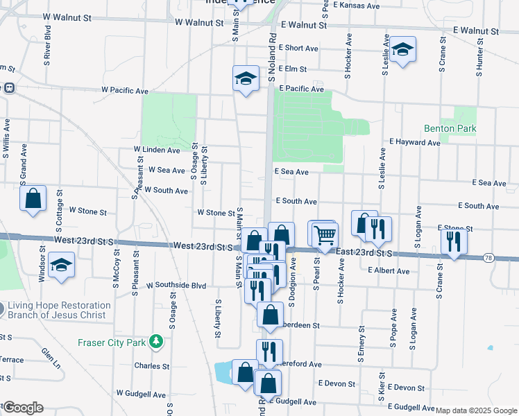 map of restaurants, bars, coffee shops, grocery stores, and more near 1006 South Noland Road in Independence