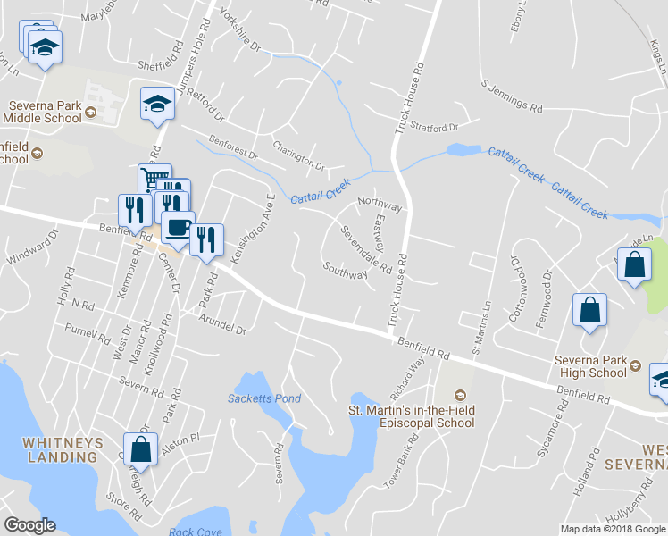 map of restaurants, bars, coffee shops, grocery stores, and more near 108 Southway in Severna Park