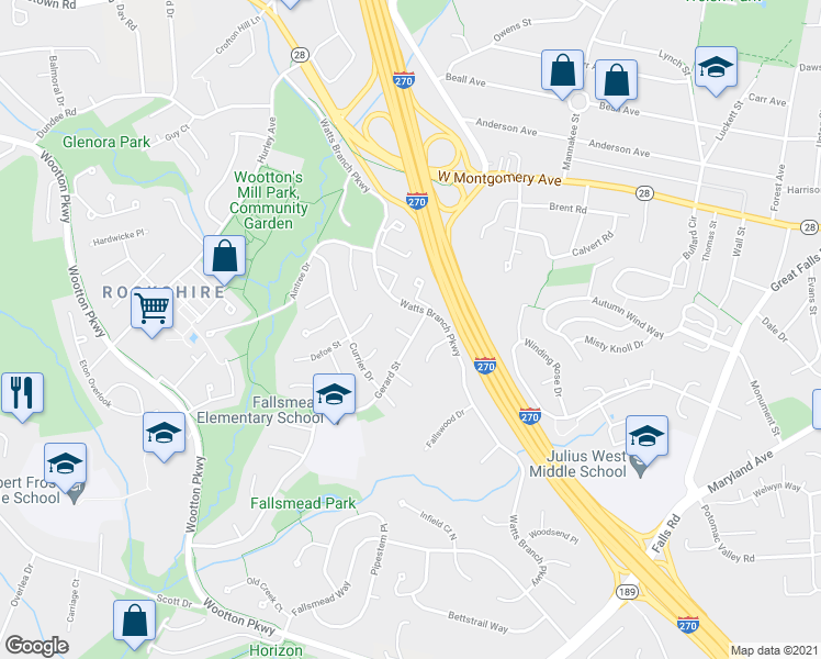 map of restaurants, bars, coffee shops, grocery stores, and more near 1405 Gerard Street in Rockville