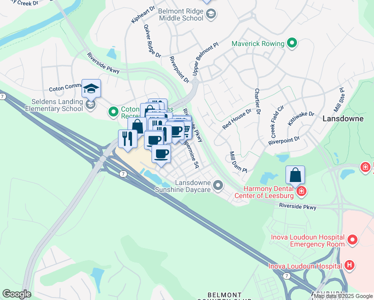 map of restaurants, bars, coffee shops, grocery stores, and more near 19369 Coppermine Square in Leesburg