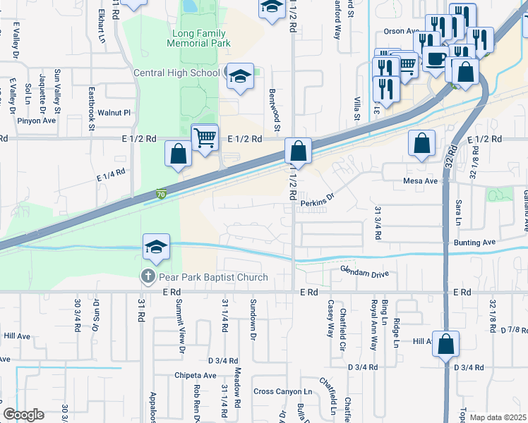 map of restaurants, bars, coffee shops, grocery stores, and more near 3133 Perkins Drive in Grand Junction