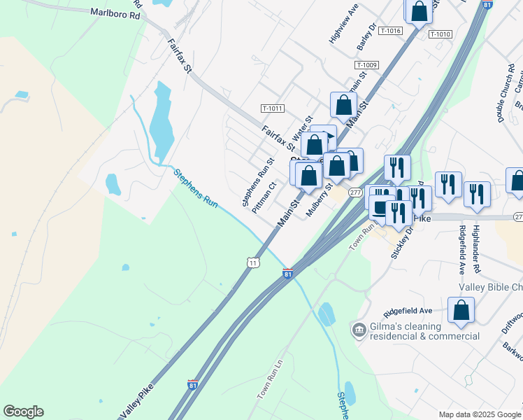 map of restaurants, bars, coffee shops, grocery stores, and more near 104 Pittman Court in Stephens City