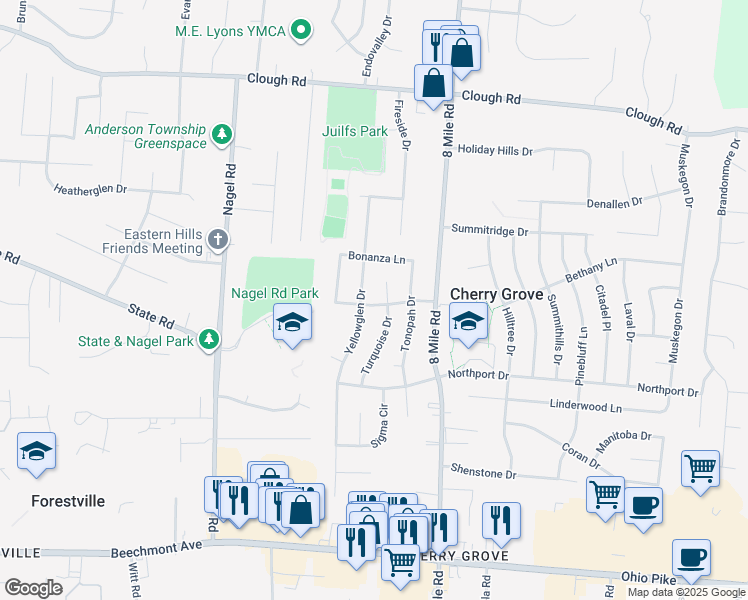 map of restaurants, bars, coffee shops, grocery stores, and more near 8210 Riovista Drive in Cincinnati