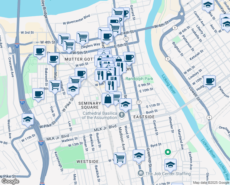map of restaurants, bars, coffee shops, grocery stores, and more near 16 East 10th Street in Covington
