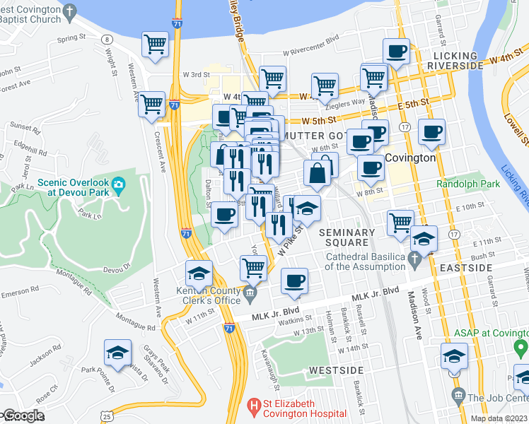 map of restaurants, bars, coffee shops, grocery stores, and more near 818 Main Street in Covington