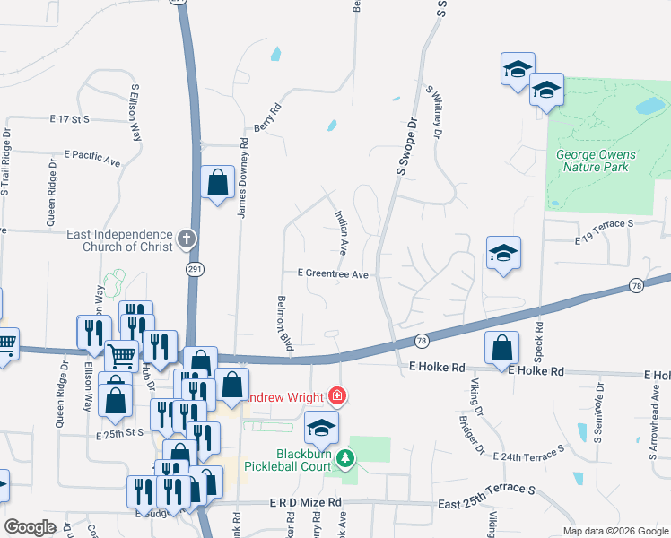 map of restaurants, bars, coffee shops, grocery stores, and more near 17820 East Greentree Avenue in Independence