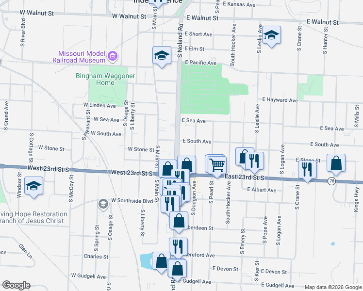 map of restaurants, bars, coffee shops, grocery stores, and more near 219 East South Avenue in Independence