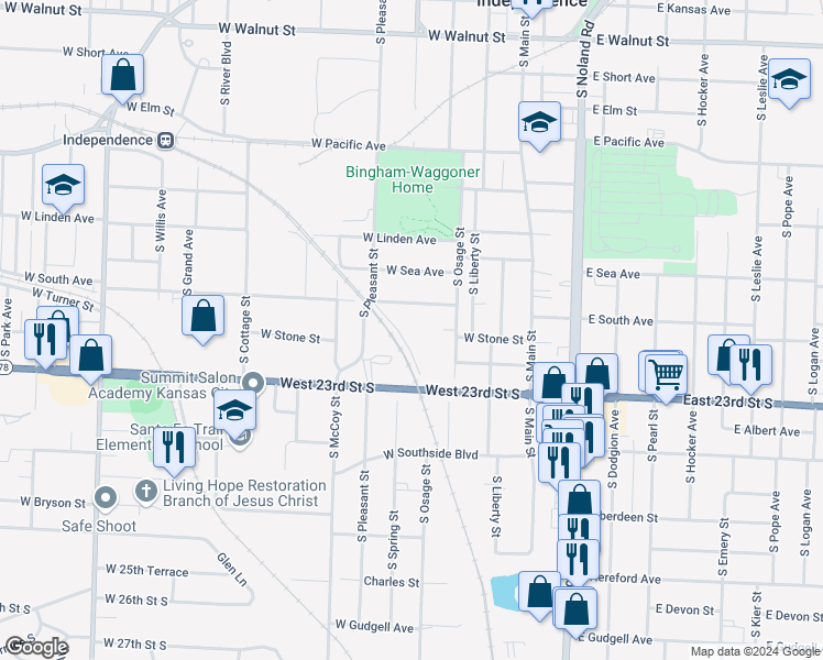 map of restaurants, bars, coffee shops, grocery stores, and more near 955 Leroy Street in Independence