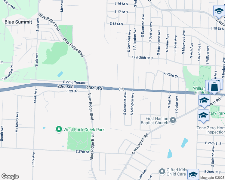 map of restaurants, bars, coffee shops, grocery stores, and more near 9313 East 23rd Street South in Independence
