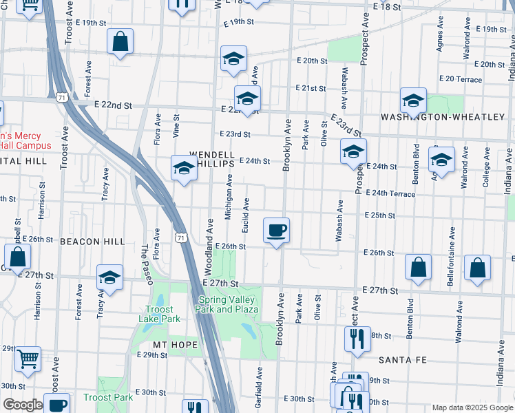 map of restaurants, bars, coffee shops, grocery stores, and more near 2018 East 25th Street in Kansas City