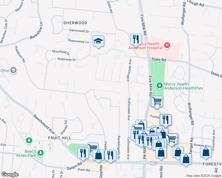 map of restaurants, bars, coffee shops, grocery stores, and more near 7182 Bluecrest Drive in Cincinnati