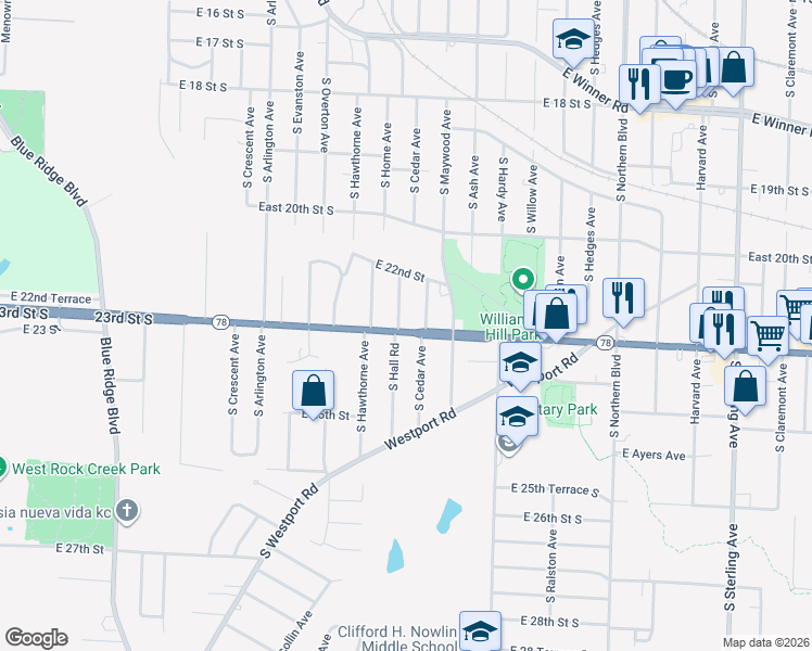 map of restaurants, bars, coffee shops, grocery stores, and more near 10034 Missouri 78 in Independence