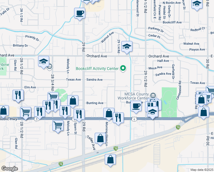 map of restaurants, bars, coffee shops, grocery stores, and more near 2918 Morning Glory Lane in Grand Junction