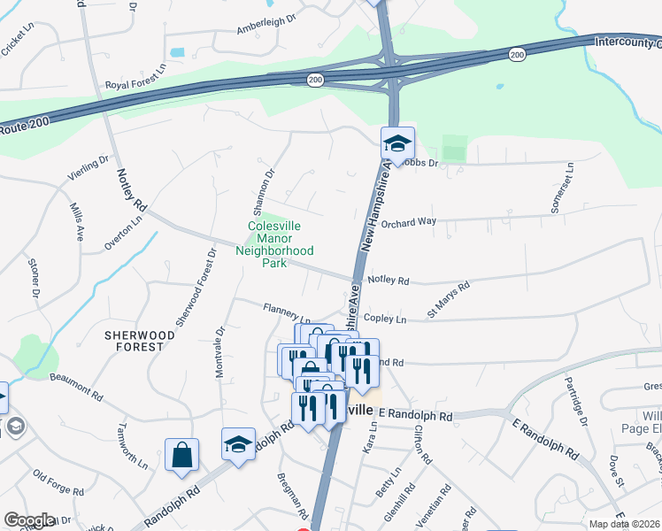 map of restaurants, bars, coffee shops, grocery stores, and more near 13711 Notley Road in Silver Spring