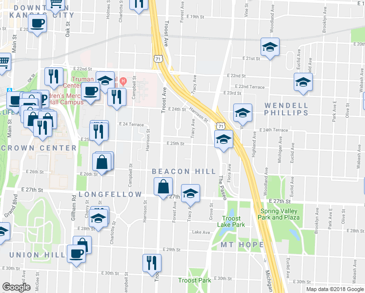 map of restaurants, bars, coffee shops, grocery stores, and more near 1209 East 25th Street in Kansas City