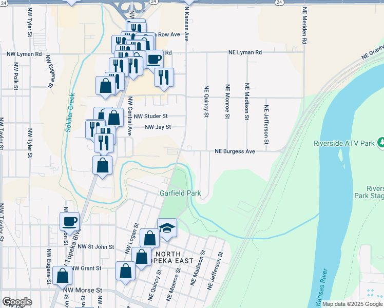 map of restaurants, bars, coffee shops, grocery stores, and more near 109 Northeast Burgess Street in Topeka